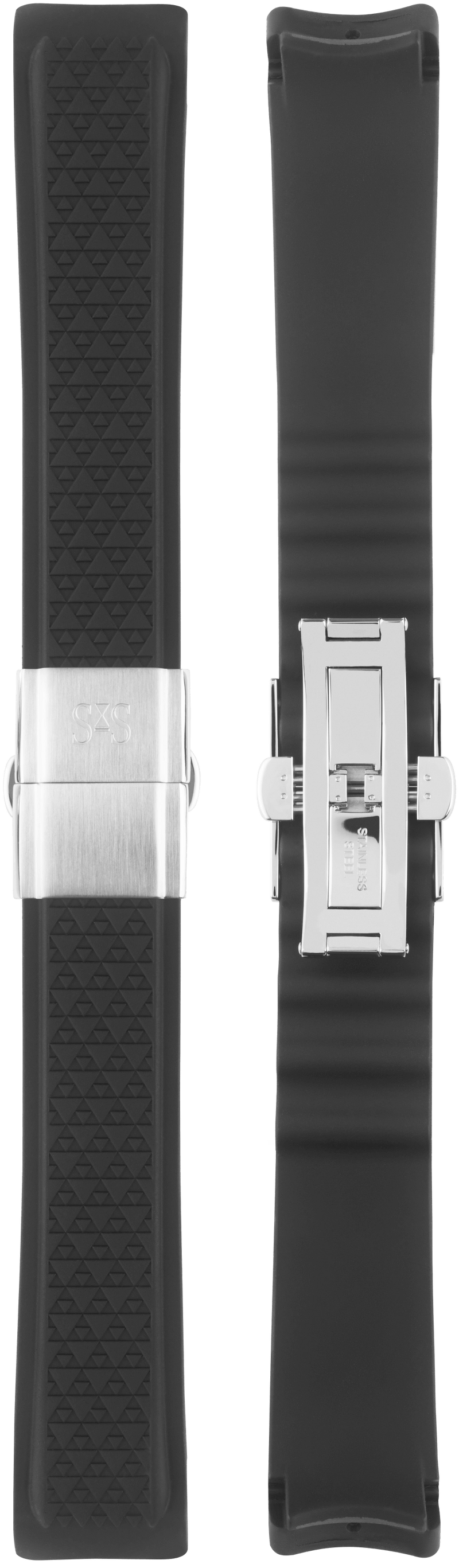 20 mm, schwarzes Mustergummi mit Edelstahl-Faltschließe, 41 mm